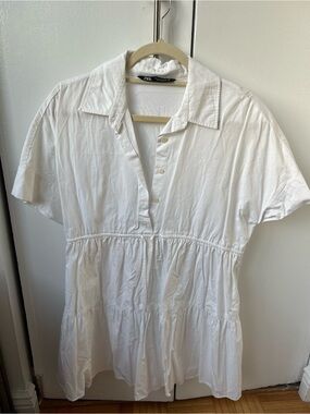 ZARA White Short-Sleeve Tiered Button Front Dress Small